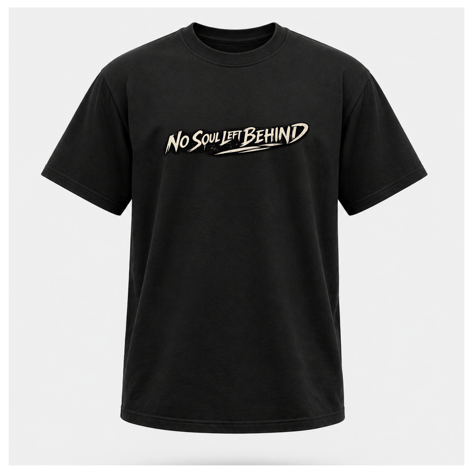 Floating men's t-shirt in black featuring the distressed "No Soul Left Behind" script graphic printed boldly across the chest, by RIOTTEES.