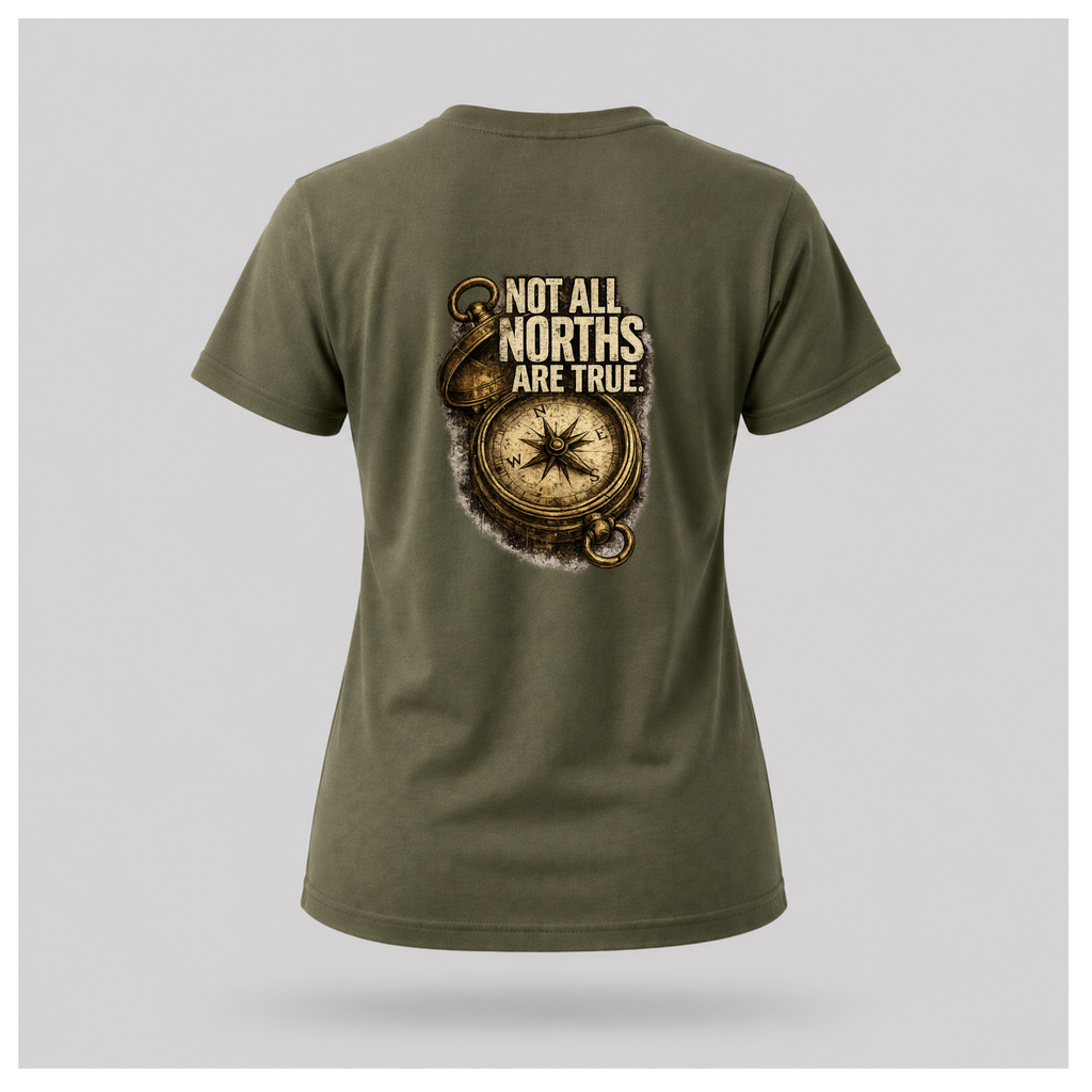 Floating female form wearing the back of the Not All Norths Are True T-shirt in Military Green, featuring distressed "NOT ALL NORTHS ARE TRUE" text over a vintage compass graphic by RIOTTEES.
