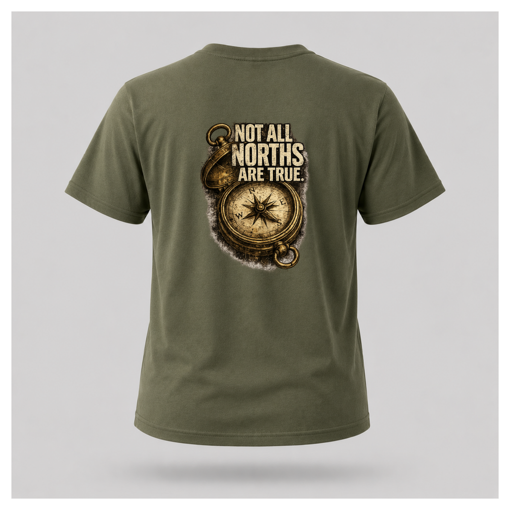 Floating male form wearing the back of the Not All Norths Are True T-shirt in Military Green, featuring distressed "NOT ALL NORTHS ARE TRUE" text over a vintage compass graphic by RIOTTEES.
