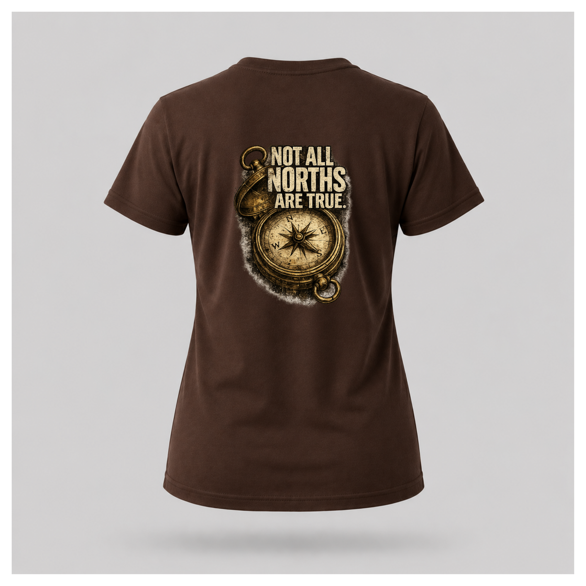 Floating female form wearing the back of the Not All Norths Are True T-shirt in Chocolate Brown, featuring distressed "NOT ALL NORTHS ARE TRUE" text over a vintage compass graphic by RIOTTEES.