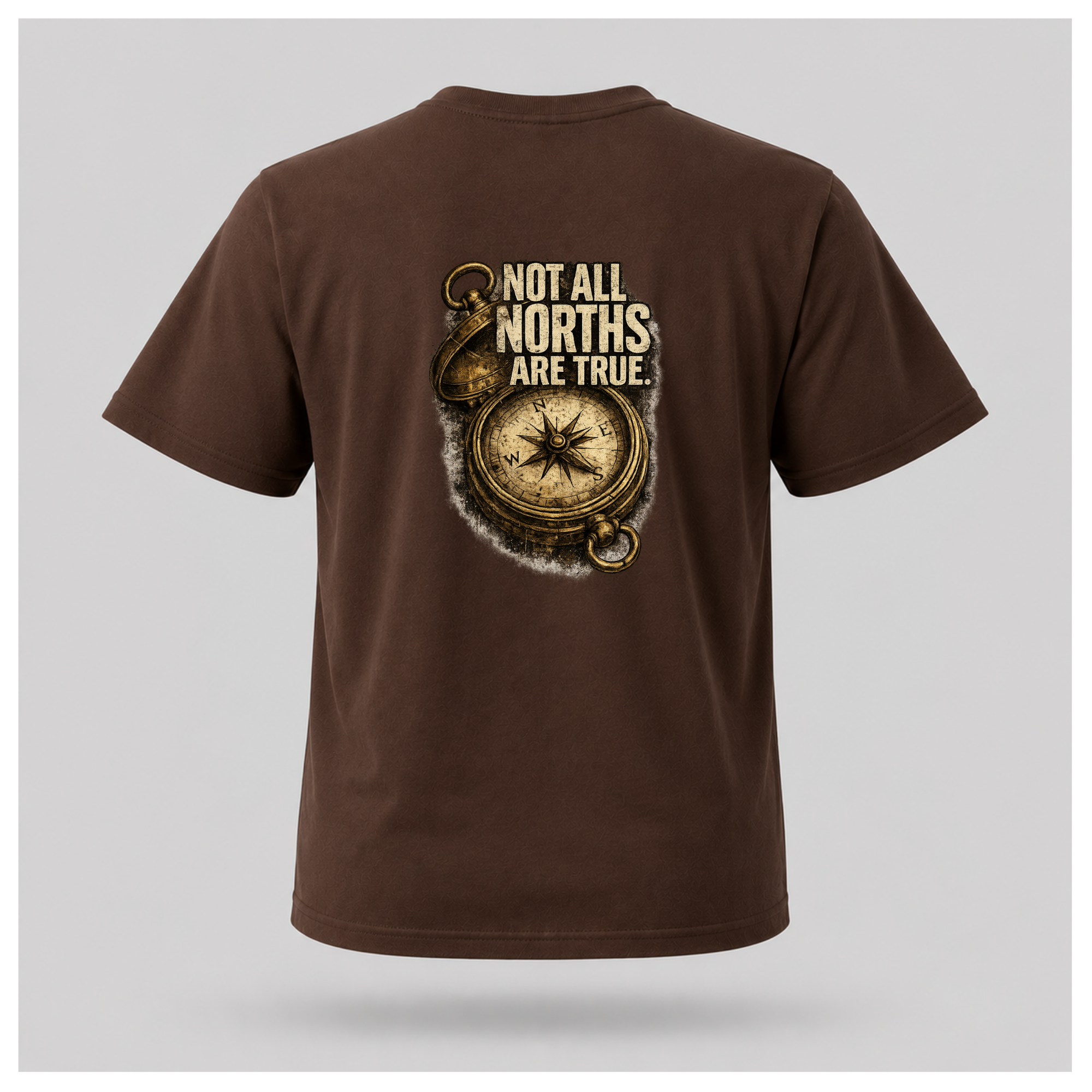 Floating male form wearing the back of the Not All Norths Are True T-shirt in Chocolate Brown, featuring distressed "NOT ALL NORTHS ARE TRUE" text over a vintage compass graphic by RIOTTEES.