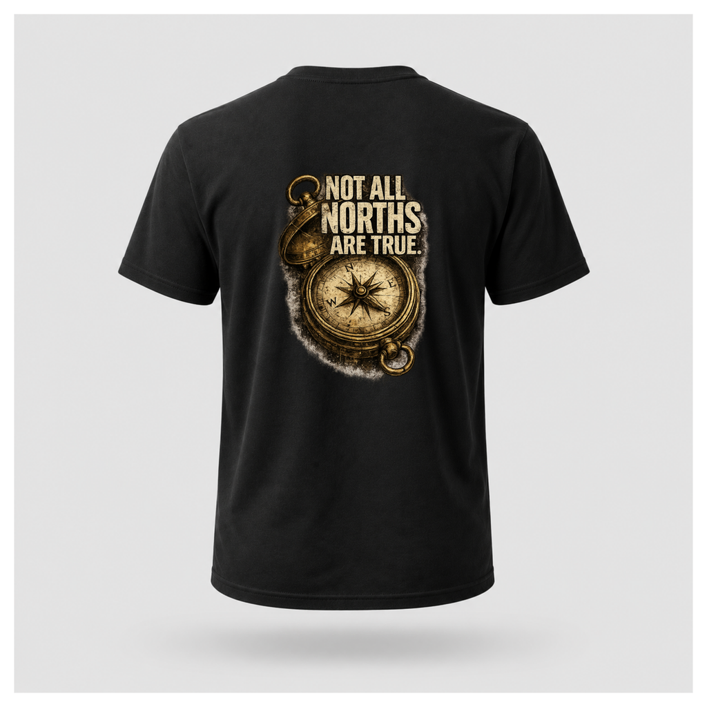 Floating male form wearing the back of the Not All Norths Are True T-shirt in Black, featuring distressed "NOT ALL NORTHS ARE TRUE" text over a vintage compass graphic by RIOTTEES.