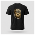 Floating male form wearing the back of the Not All Norths Are True T-shirt in Black, featuring distressed "NOT ALL NORTHS ARE TRUE" text over a vintage compass graphic by RIOTTEES.