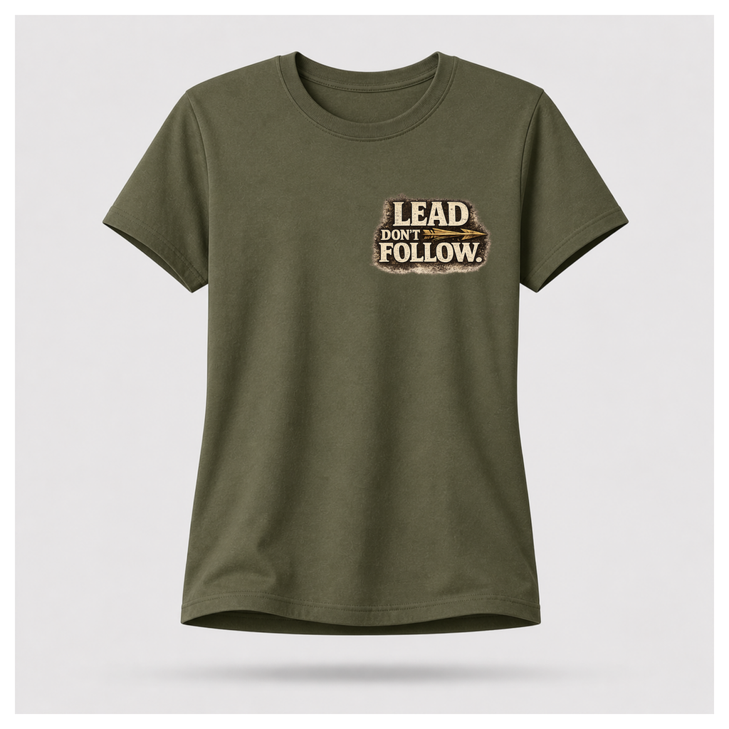 Floating female form wearing the front of the Not All Norths Are True T-shirt in Military Green, featuring distressed "LEAD DON'T FOLLOW" typography with a vintage arrow by RIOTTEES.