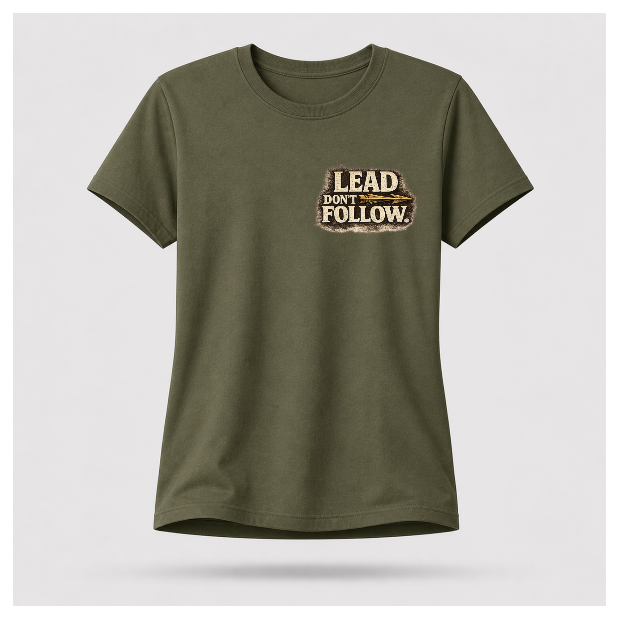 Floating female form wearing the front of the Not All Norths Are True T-shirt in Military Green, featuring distressed "LEAD DON'T FOLLOW" typography with a vintage arrow by RIOTTEES.