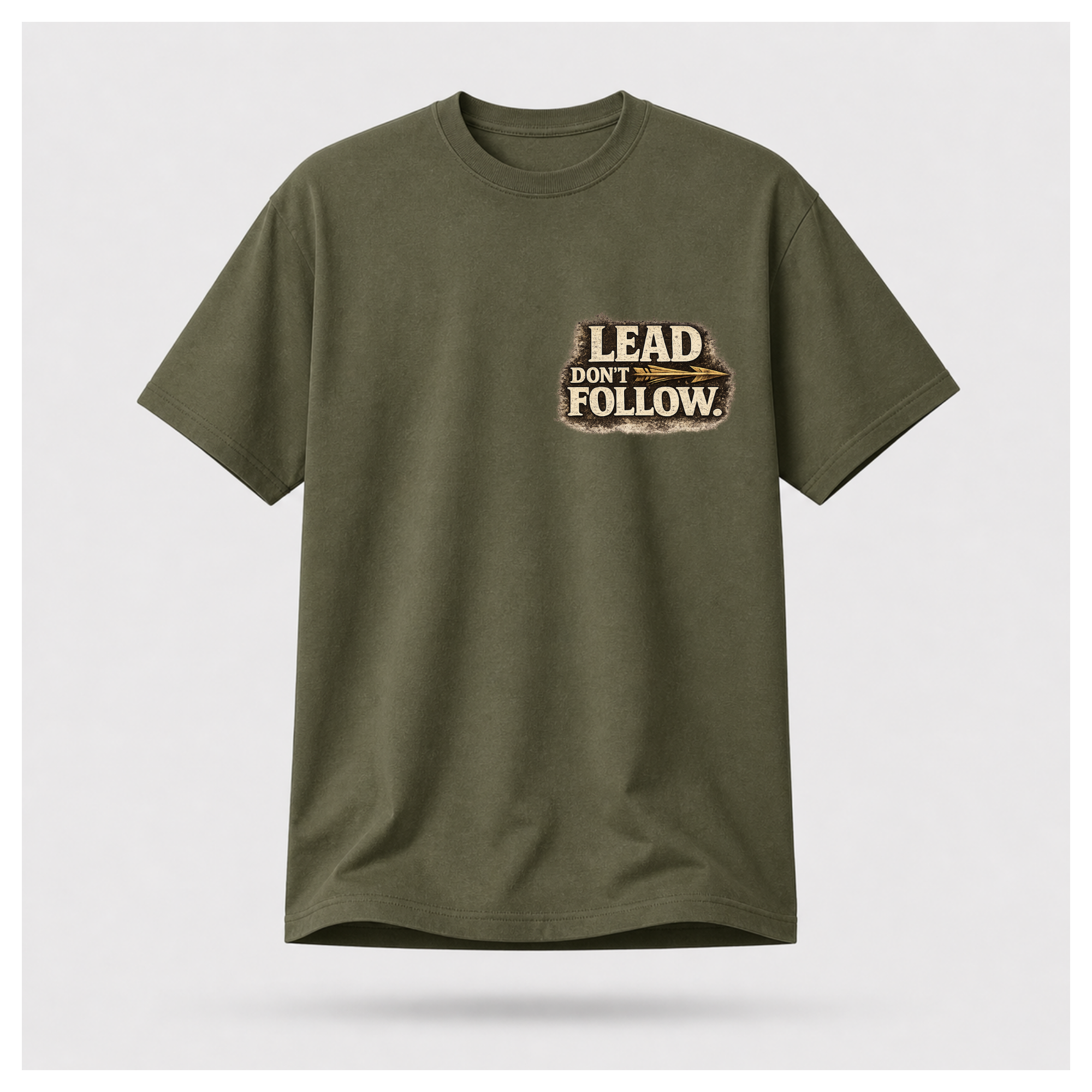 Floating male form wearing the front of the Not All Norths Are True T-shirt in Military Green, featuring distressed "LEAD DON'T FOLLOW" typography with a vintage arrow by RIOTTEES.