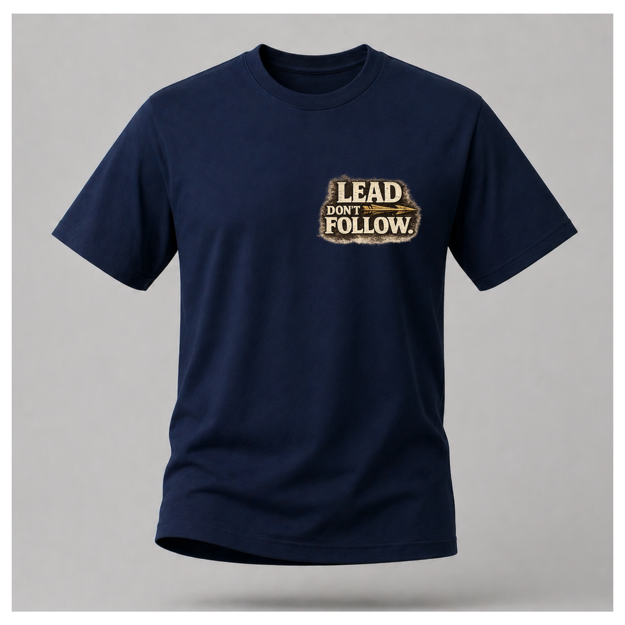 Floating male form wearing the front of the Not All Norths Are True T-shirt in Navy Blue, featuring distressed "LEAD DON'T FOLLOW" typography with a vintage arrow by RIOTTEES
