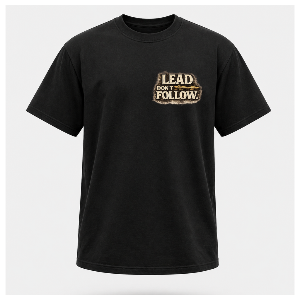 Floating male form wearing the front of the Not All Norths Are True T-shirt in Black, featuring distressed "LEAD DON'T FOLLOW" typography with a vintage arrow by RIOTTEES.