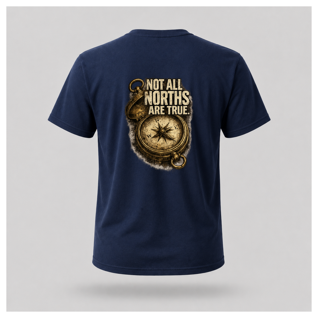 Floating male form wearing the back of the Not All Norths Are True T-shirt in Navy Blue, featuring distressed "NOT ALL NORTHS ARE TRUE" text over a vintage compass graphic by RIOTTEES.