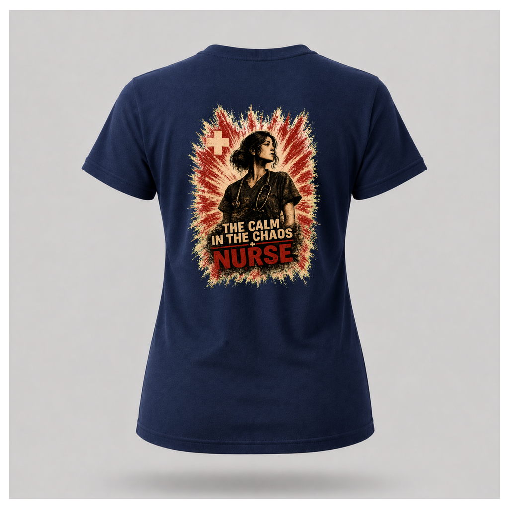Back of a floating navy blue female-form tee featuring “The Calm In The Chaos Nurse” design by RIOTTEES.