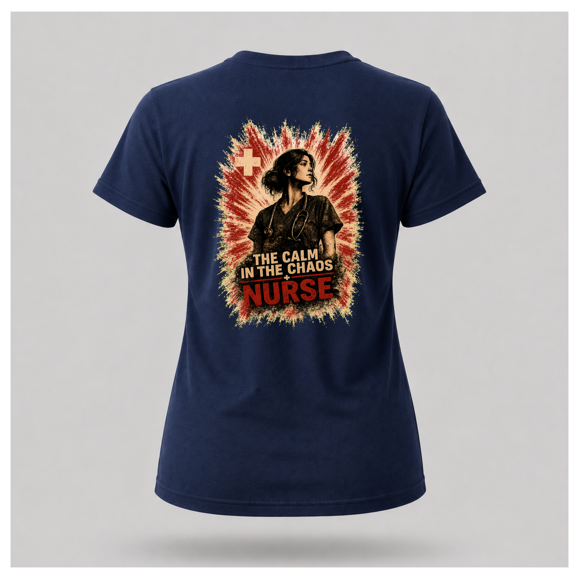 Back of a floating navy blue female-form tee featuring “The Calm In The Chaos Nurse” design by RIOTTEES.