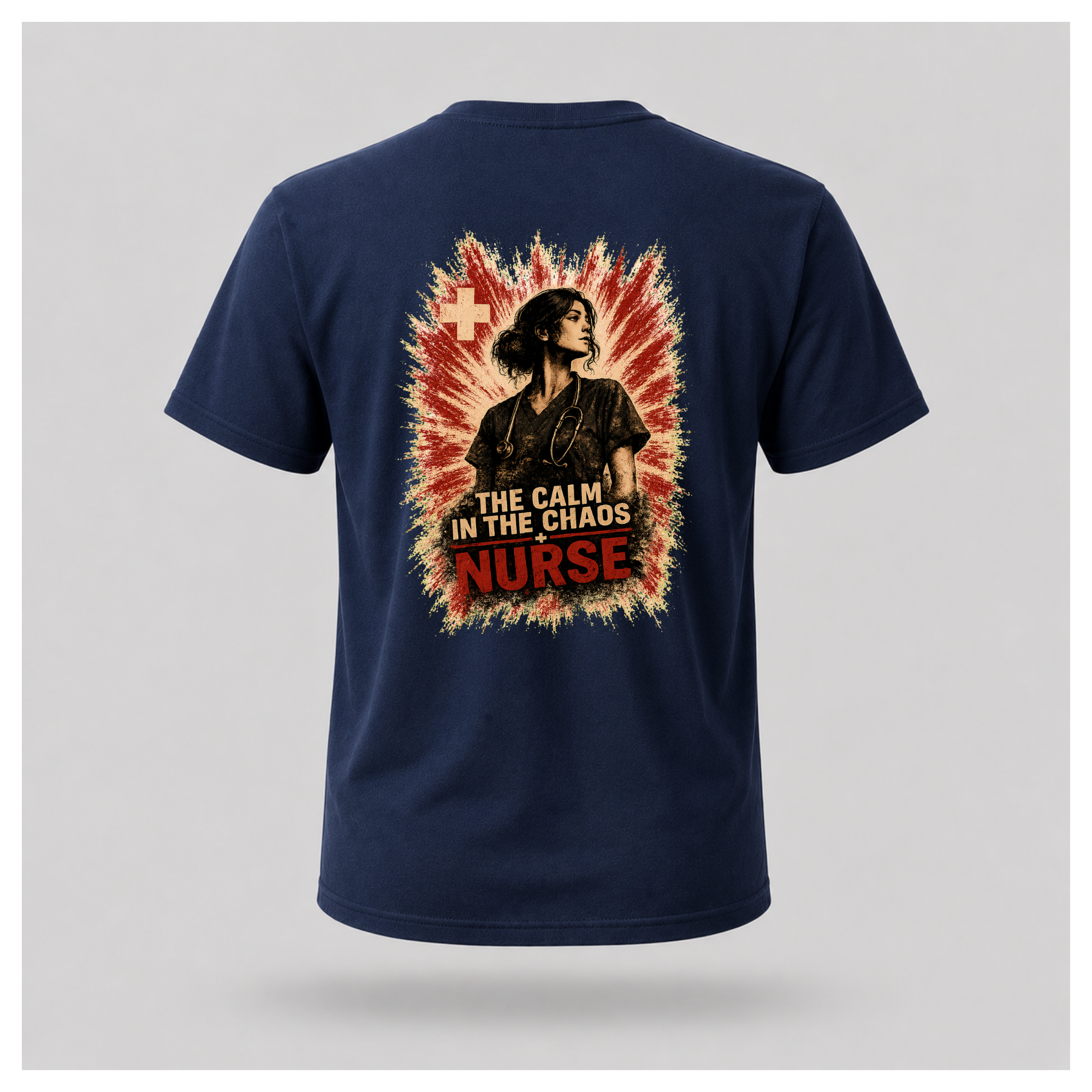 Back of a floating navy blue male-form tee featuring “The Calm In The Chaos Nurse” design by RIOTTEES.