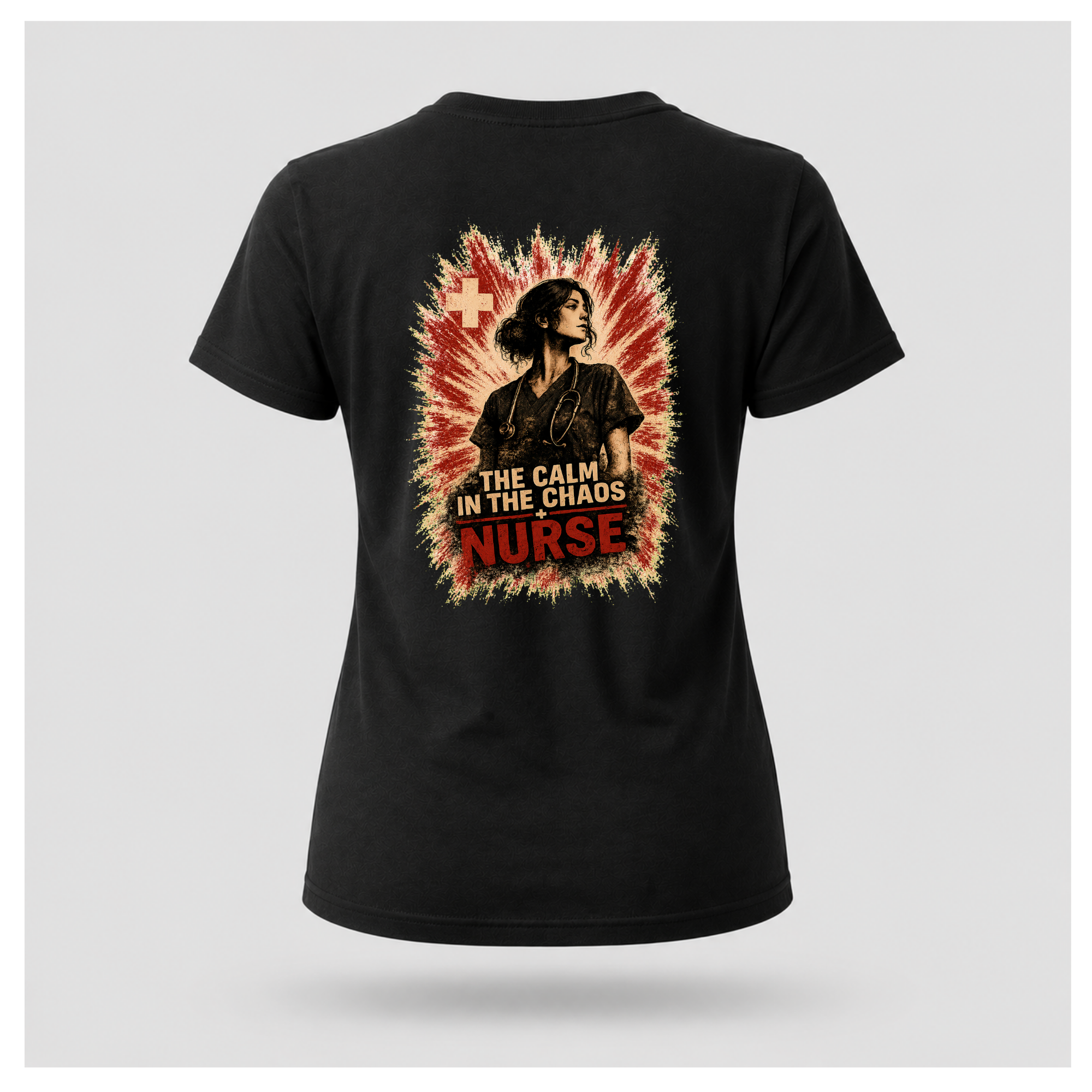 Back of a floating black female-form tee featuring “The Calm In The Chaos Nurse” design by RIOTTEES.