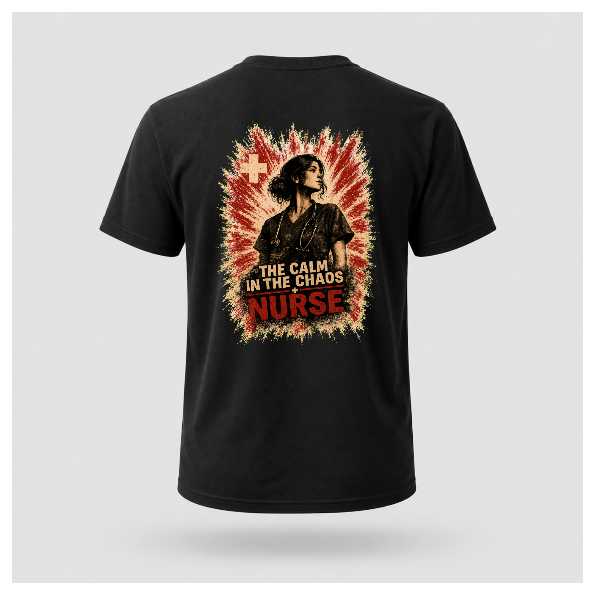 Back of a floating black male-form tee featuring “The Calm In The Chaos Nurse” design by RIOTTEES.