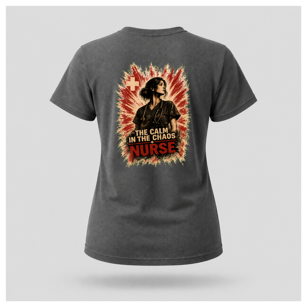 Back of a floating charcoal grey female-form tee featuring “The Calm In The Chaos Nurse” design by RIOTTEES.