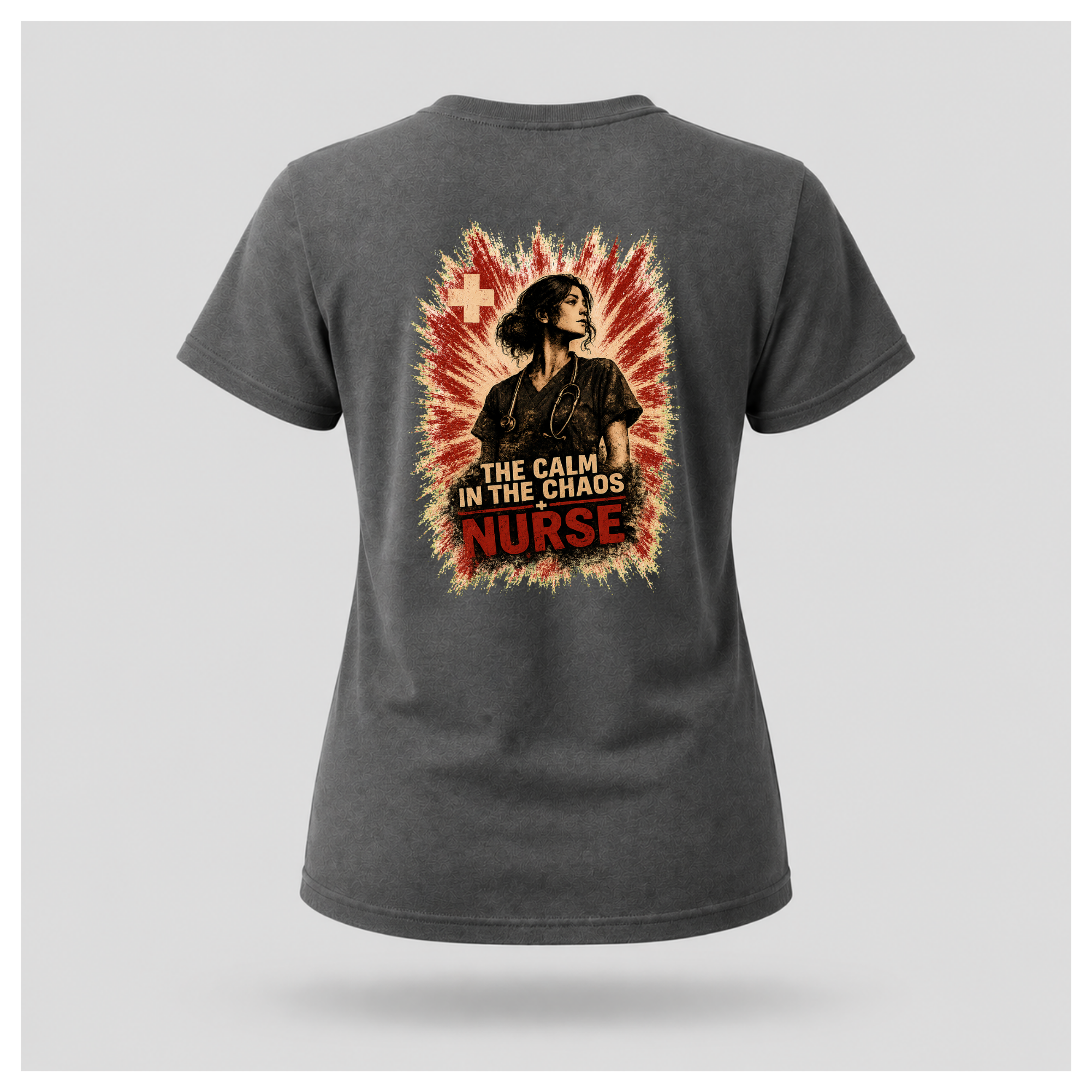 Back of a floating charcoal grey female-form tee featuring “The Calm In The Chaos Nurse” design by RIOTTEES.