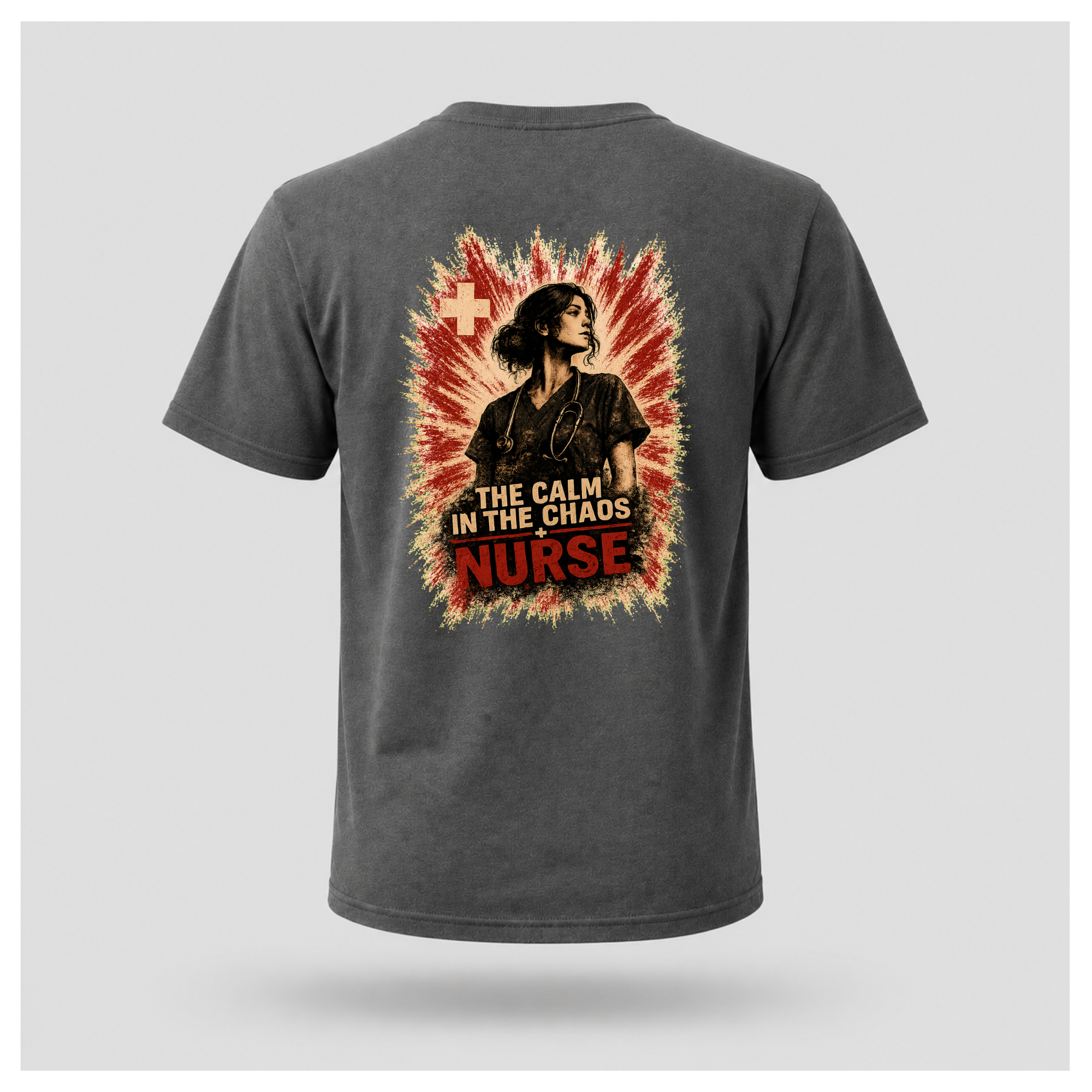 Back of a floating charcoal grey male-form tee featuring “The Calm In The Chaos Nurse” design by RIOTTEES.