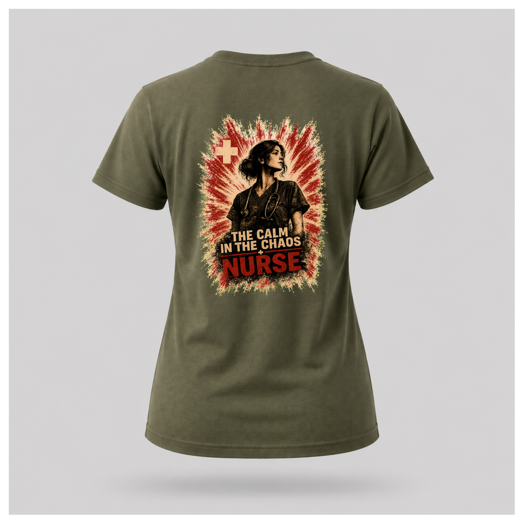 Back of a floating military green female-form tee featuring “The Calm In The Chaos Nurse” design by RIOTTEES.