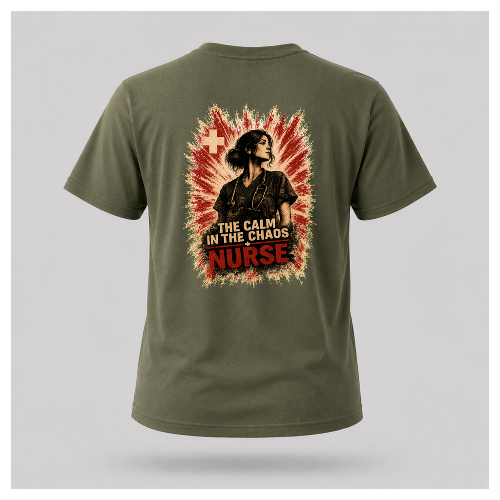 Back of a floating military green male-form tee featuring “The Calm In The Chaos Nurse” design by RIOTTEES.