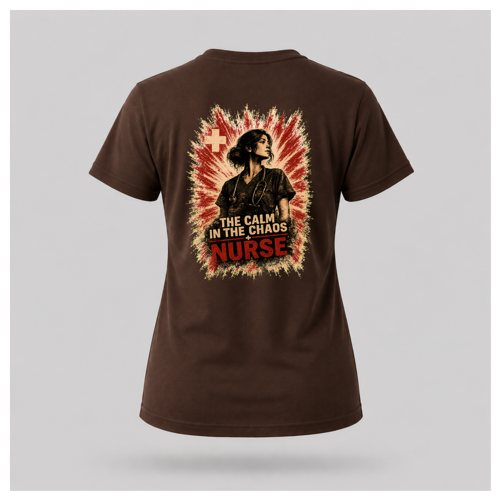 Back of a floating chocolate brown female-form tee featuring “The Calm In The Chaos Nurse” design by RIOTTEES.