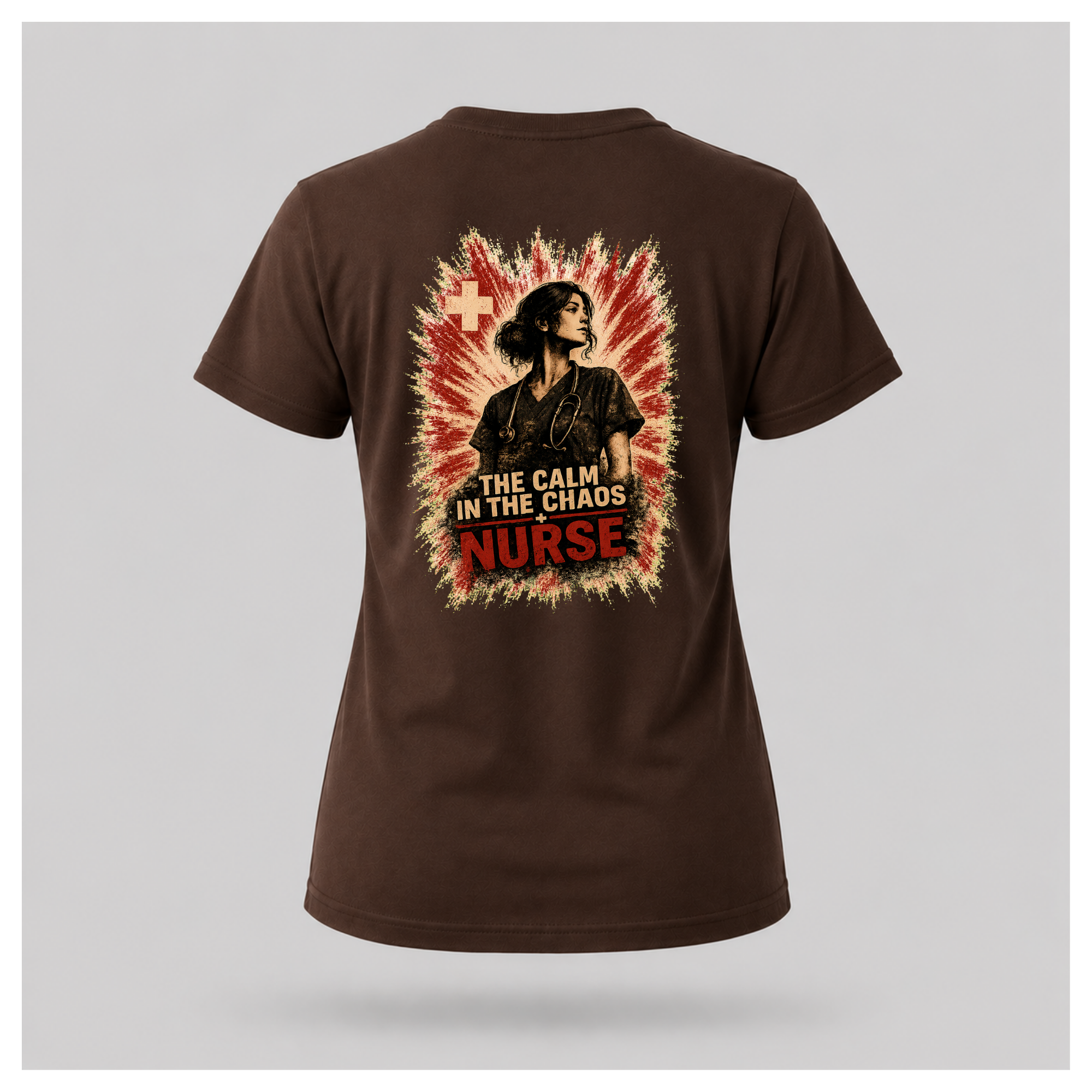 Back of a floating chocolate brown female-form tee featuring “The Calm In The Chaos Nurse” design by RIOTTEES.