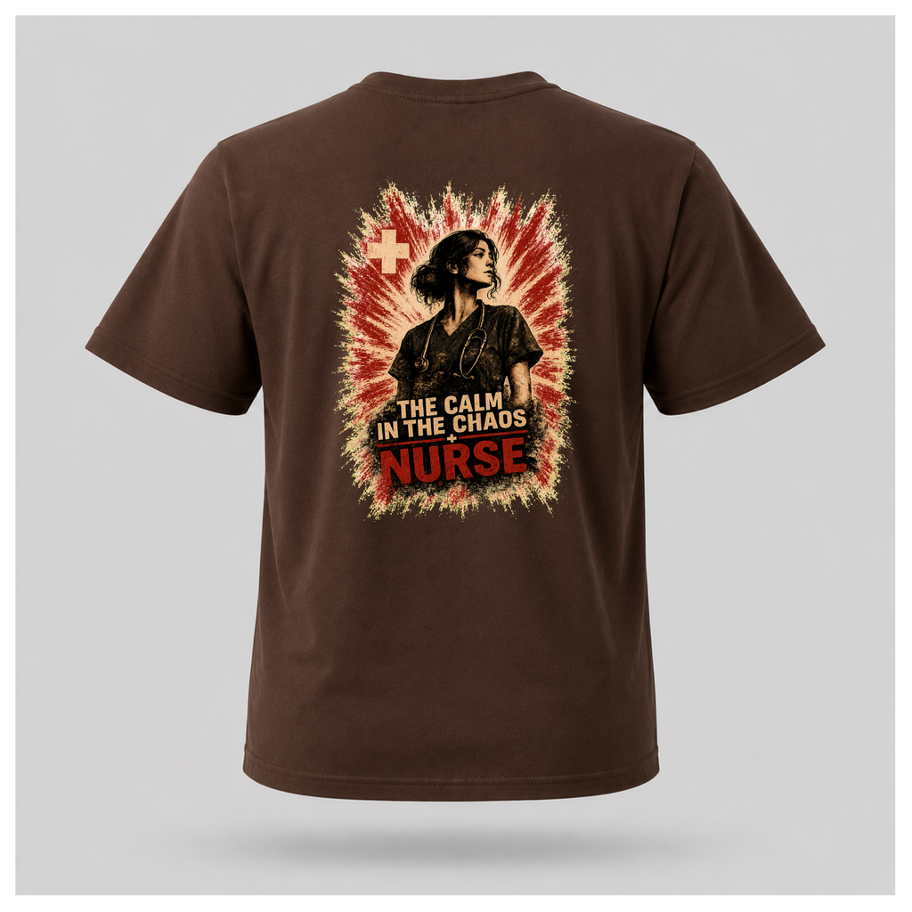 Back of a floating chocolate brown male-form tee featuring “The Calm In The Chaos Nurse” design by RIOTTEES.