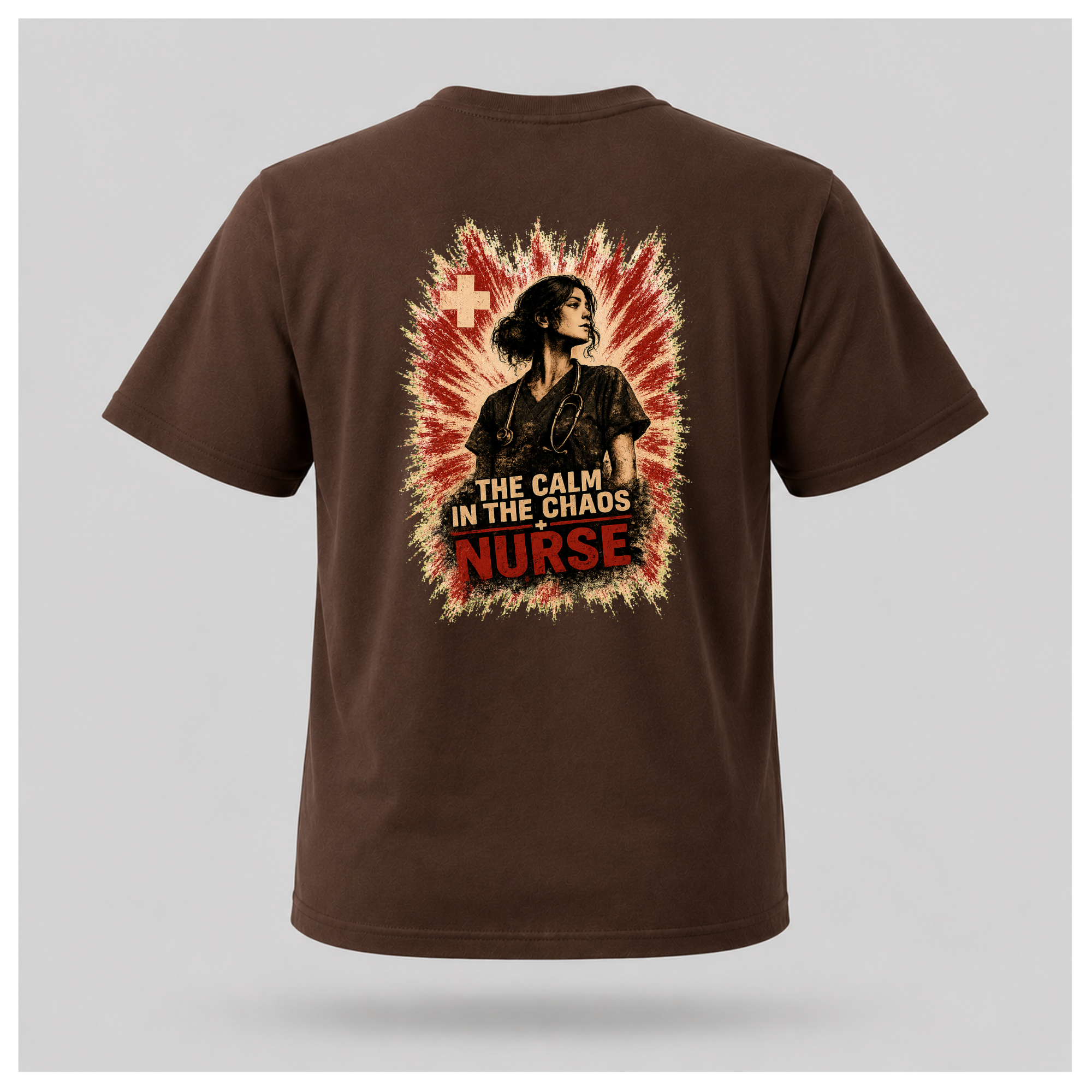 Back of a floating chocolate brown male-form tee featuring “The Calm In The Chaos Nurse” design by RIOTTEES.