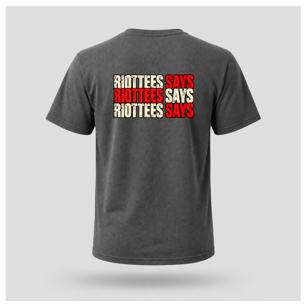 Men's charcoal grey RIOTTEES T-shirt featuring three rows of distressed RIOTTEES SAYS typography in alternating red and off-white.