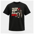 Men's black graphic tee featuring a seated jester holding a smartphone beside the slogan Political Memes Are the Village Idiot's Crutch.