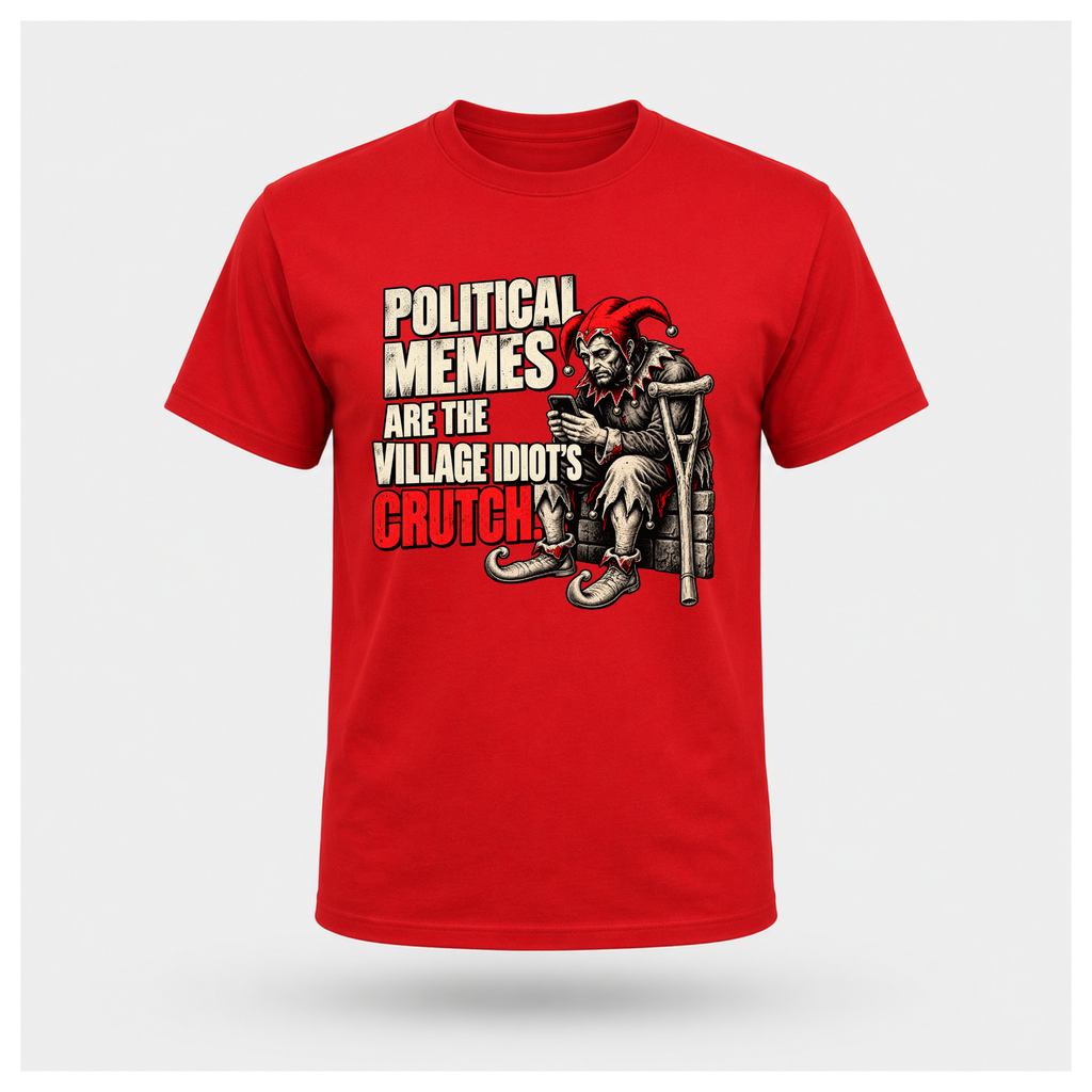 Men's red graphic T-shirt featuring a seated jester holding a smartphone beside the words Political Memes Are the Village Idiot's Crutch.