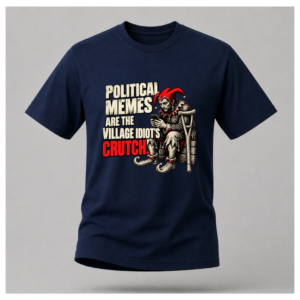 Men's navy blue graphic T-shirt featuring a medieval jester holding a smartphone beside the slogan Political Memes Are the Village Idiot's Crutch.
