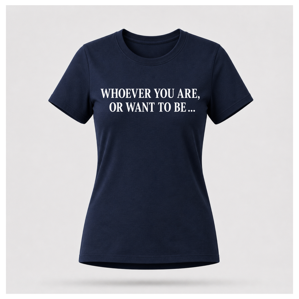 Female model wearing a navy blue Politics Is Interested In You T-shirt with the opening words of the quote in distressed white lettering on the front.