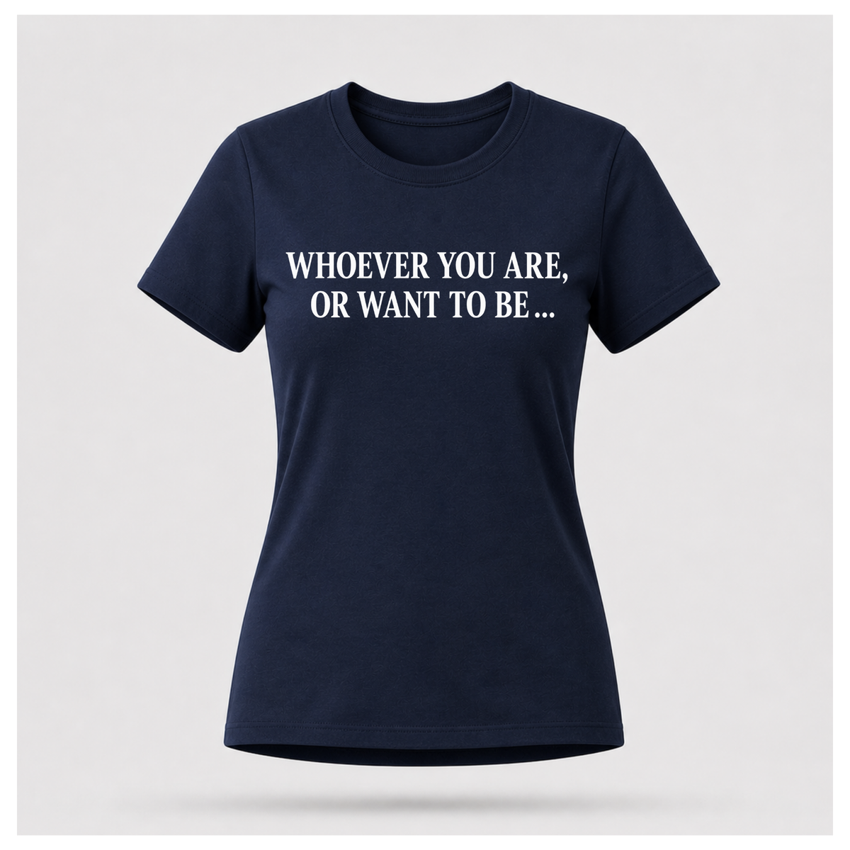 Female model wearing a navy blue Politics Is Interested In You T-shirt with the opening words of the quote in distressed white lettering on the front.