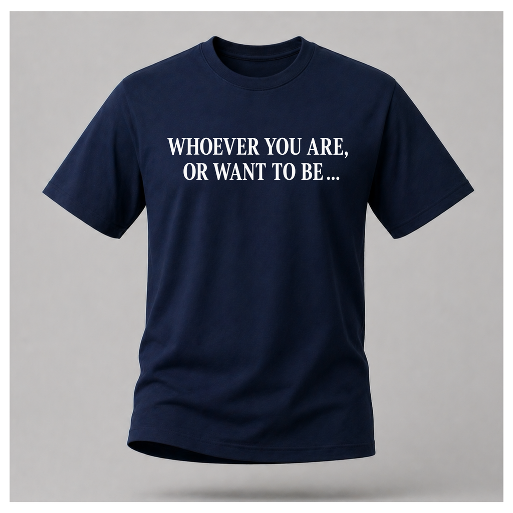 Male model wearing a navy blue Politics Is Interested In You T-shirt with the opening words of the quote in distressed white lettering on the front.