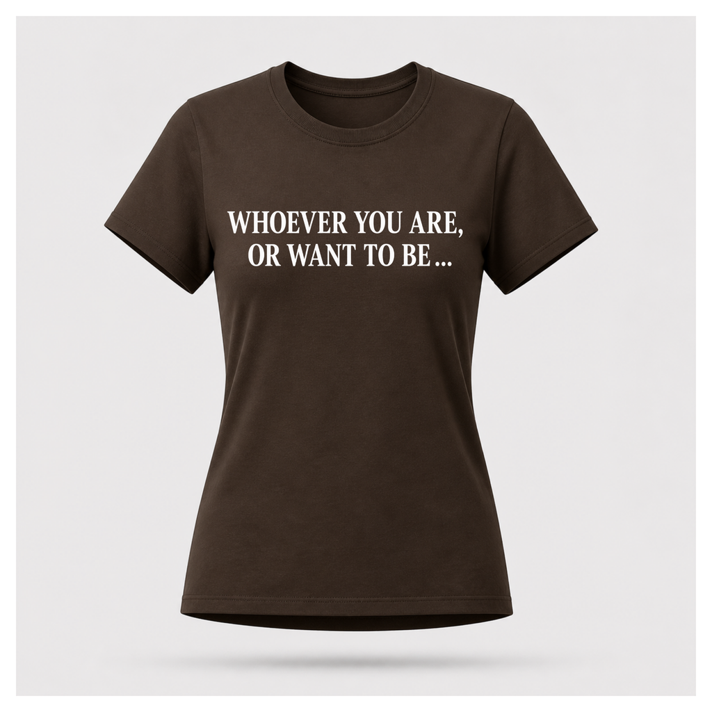 Female model wearing a chocolate brown Politics Is Interested In You T-shirt with distressed white opening quote text on the front.