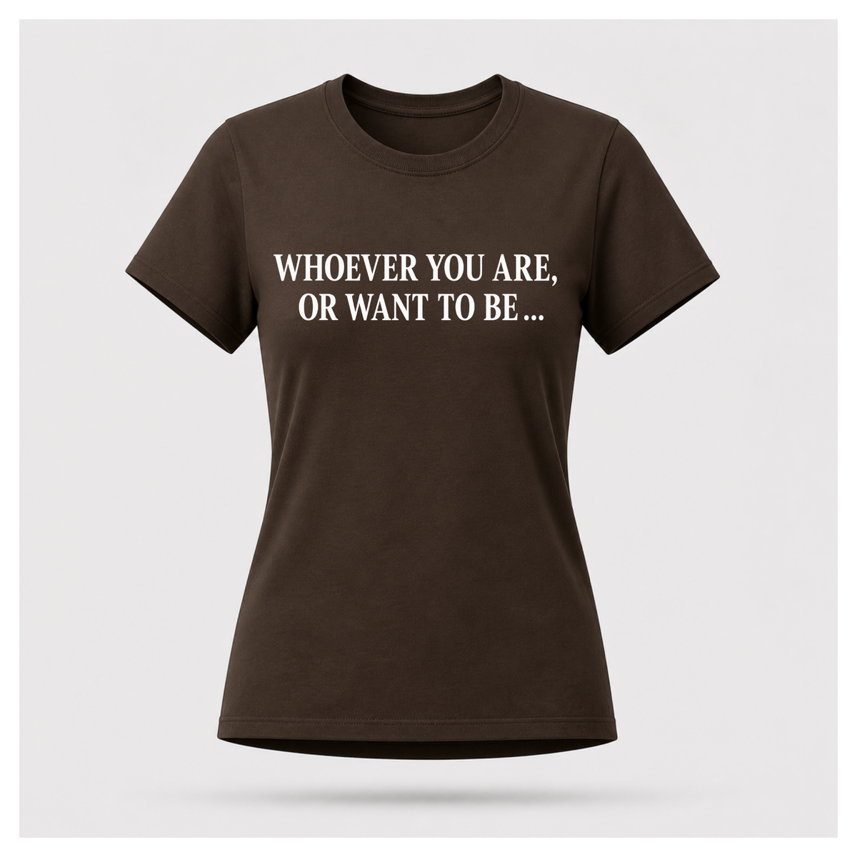 Female model wearing a chocolate brown Politics Is Interested In You T-shirt with distressed white opening quote text on the front.