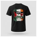 Black Saoirse don Phalaistín T-shirt shown from the back with large distressed Irish and Palestinian flag artwork, red raised fist and Freedom for Palestine message.