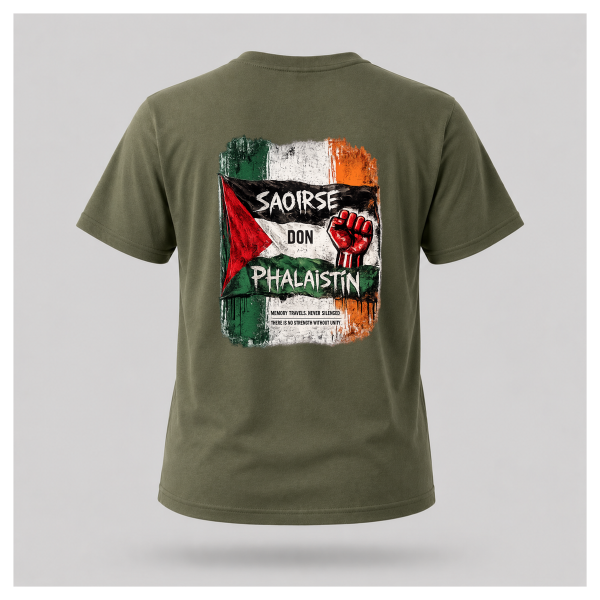 Male model wearing a military green Saoirse don Phalaistín T-shirt, back view, with large distressed Irish and Palestinian flag artwork and red raised fist.
