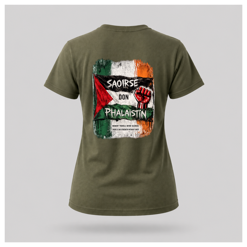 Female model wearing a military green Saoirse don Phalaistín T-shirt, back view, with large distressed Irish and Palestinian flag artwork and red raised fist.