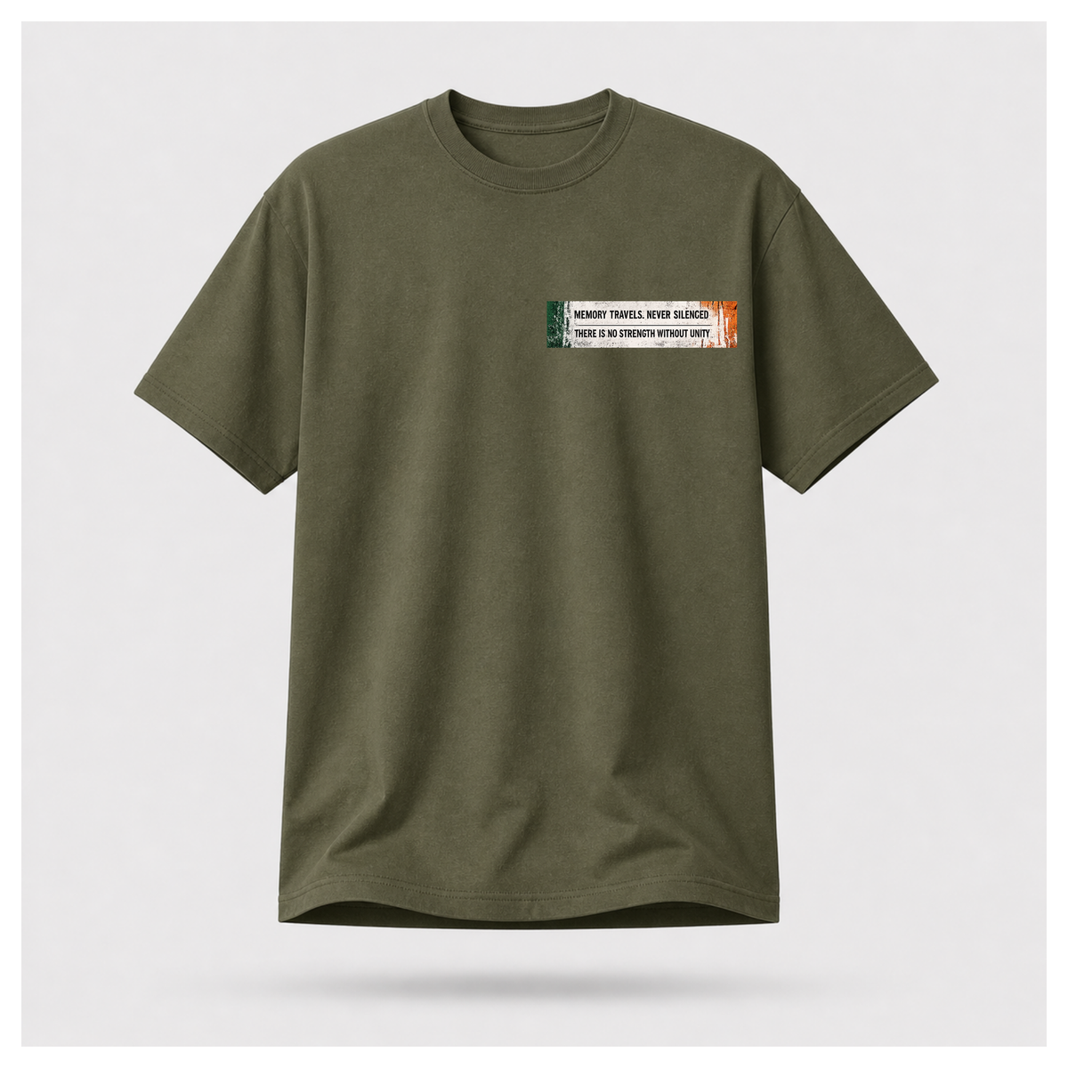 Male model wearing a military green Saoirse don Phalaistín T-shirt, front view, with small distressed green, white and orange Memory Travels chest design.