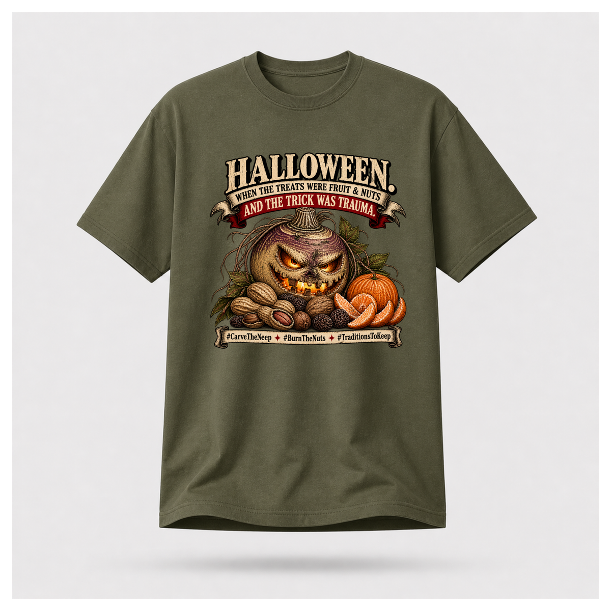 Military Green Scottish Halloween Neep T-shirt on a male-form floating tee, featuring a carved neep, fruit and nuts in a vintage Halloween design.