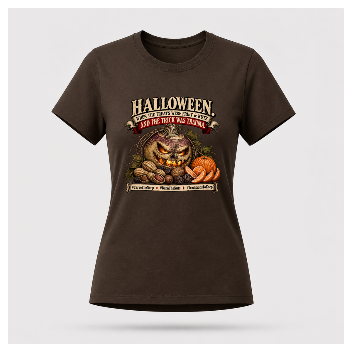 Dark Chocolate Brown Scottish Halloween Neep T-shirt on a female-form floating tee, featuring a carved neep, fruit and nuts in a vintage Halloween design.
