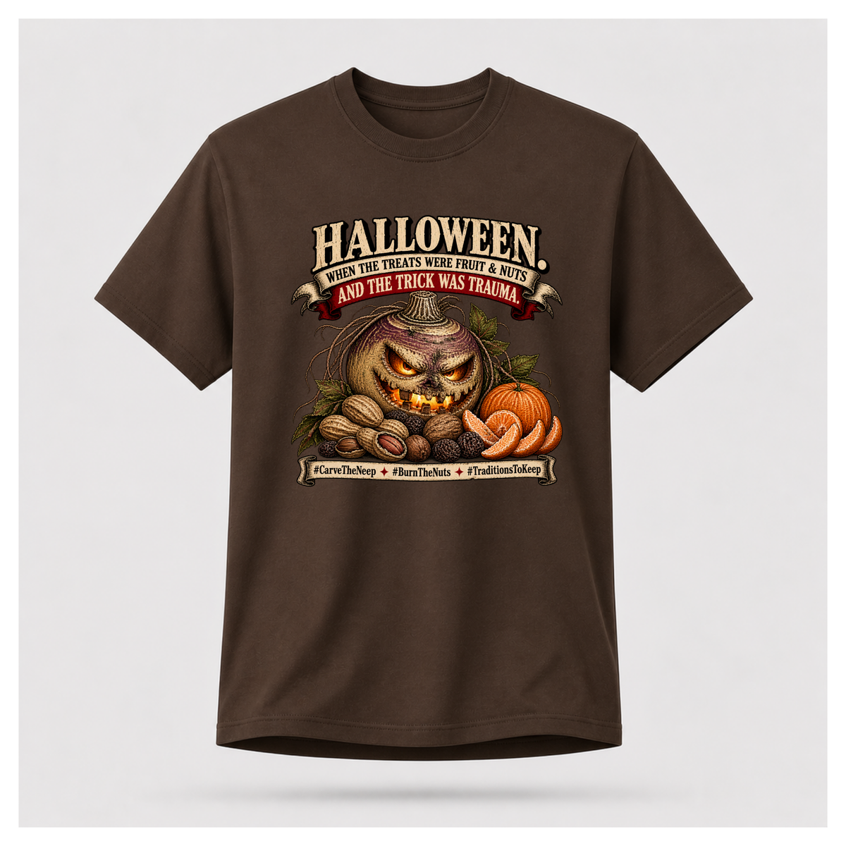 Dark Chocolate Brown Scottish Halloween Neep T-shirt on a male-form floating tee, featuring a carved neep, fruit and nuts in a vintage Halloween design.
