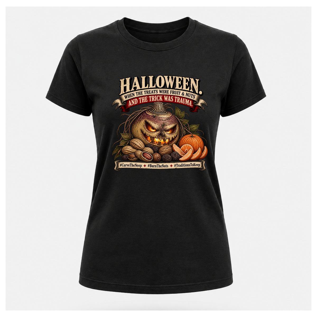 Halloween Neep T-shirt on a female-form floating tee, featuring a carved neep, fruit and nuts in a vintage Halloween design.