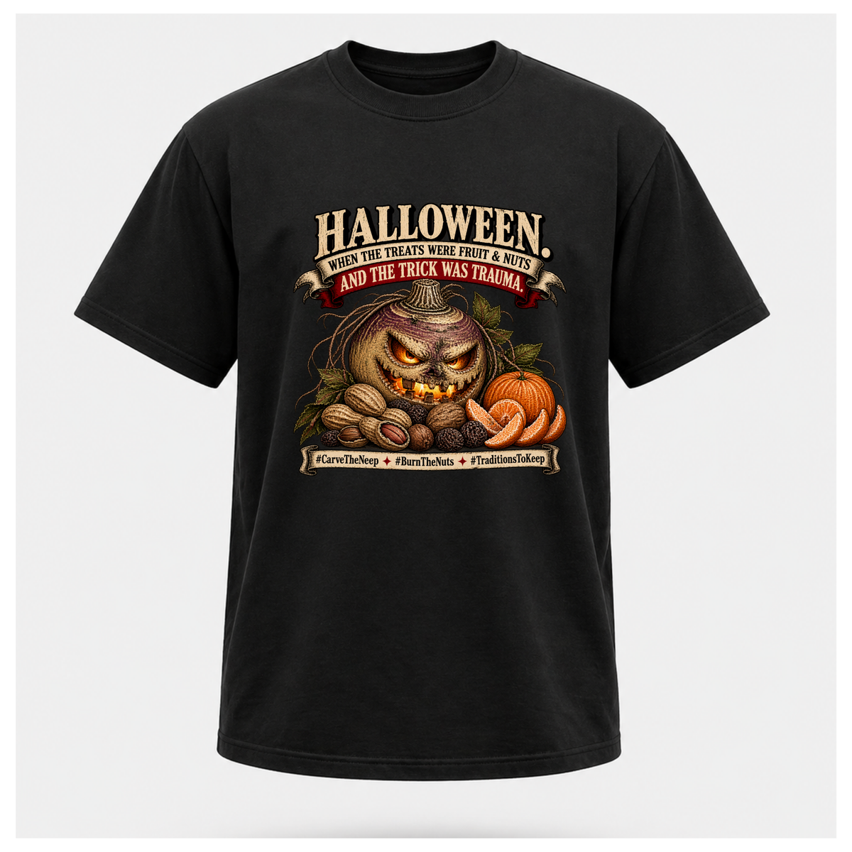 Black Scottish Halloween Neep T-shirt on a male-form floating tee, featuring a carved neep, fruit and nuts in a vintage Halloween design.