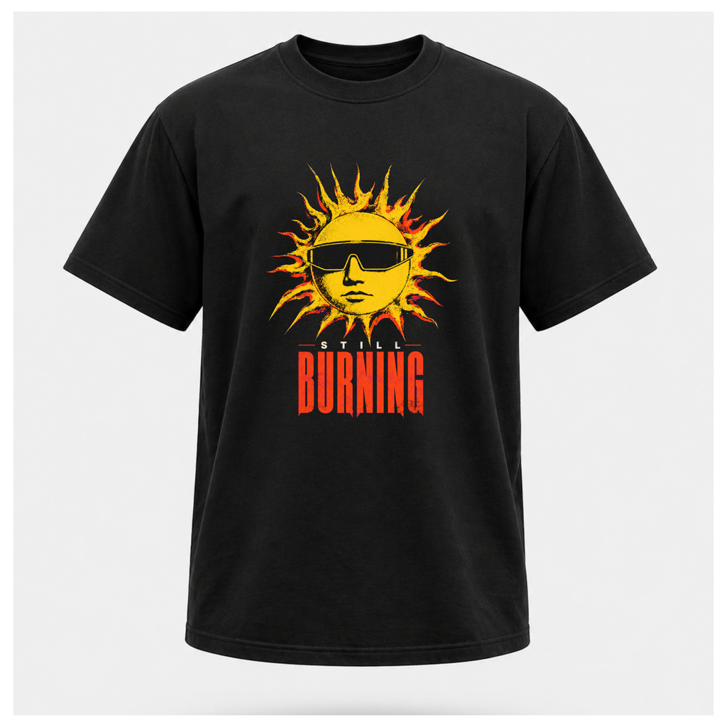 Black floating male form showing the front of the Black Still Burning Street Code T-shirt with the Street Code artwork on the front, by RIOTTEES.