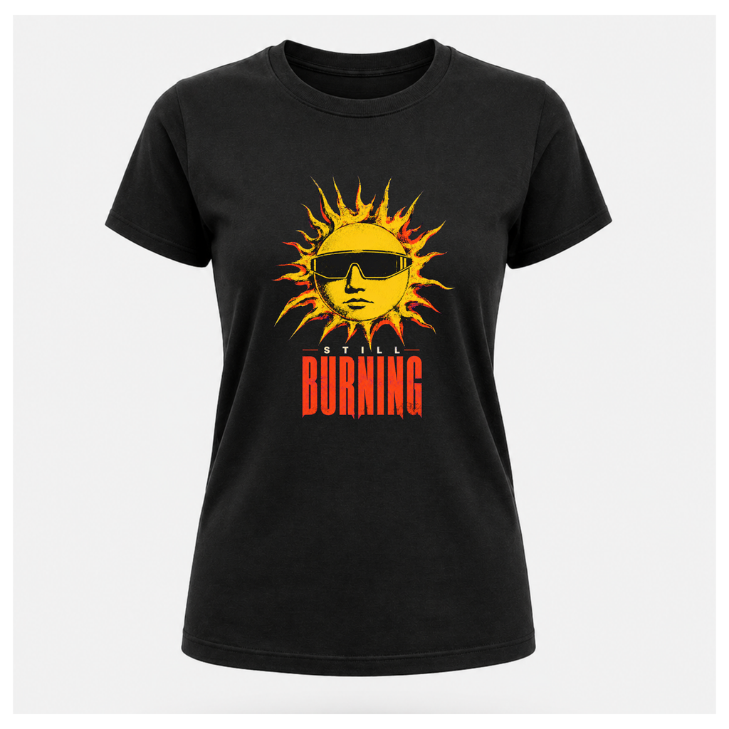 Black floating female form showing the front of the Black Still Burning Street Code T-shirt with the Street Code artwork on the front, by RIOTTEES.
