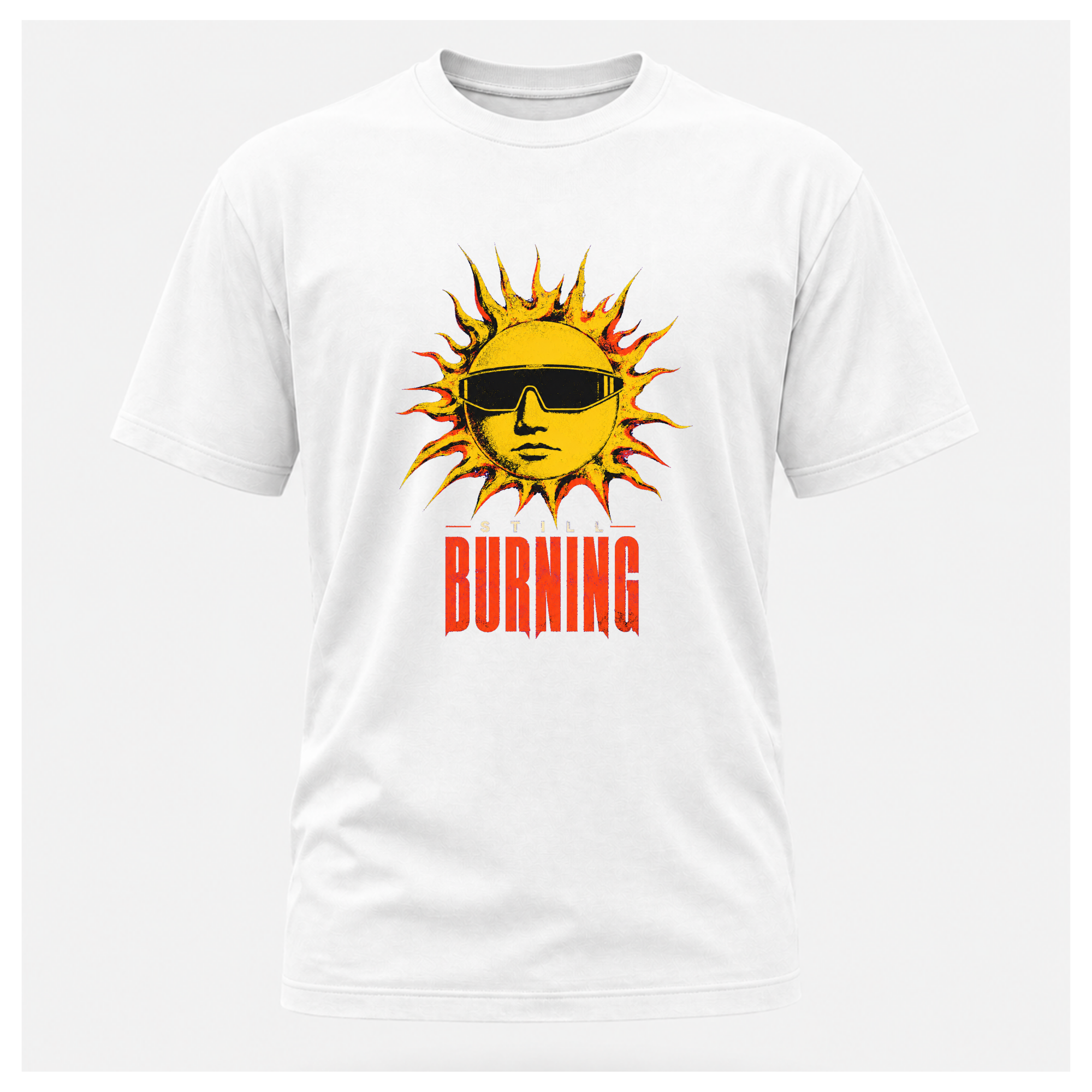 White floating male form showing the front of the White Still Burning Street Code T-shirt with the Street Code artwork on the front, by RIOTTEES.