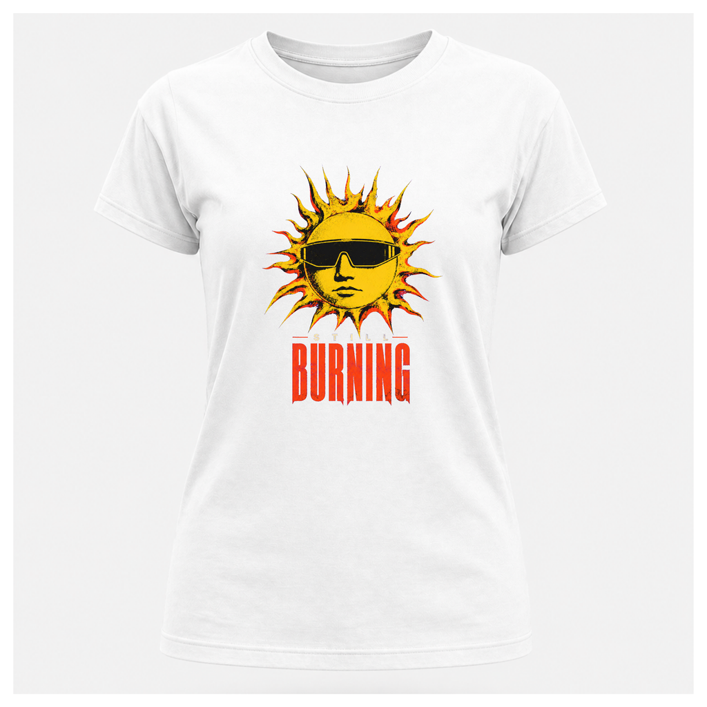 White floating female form showing the front of the White Still Burning Street Code T-shirt with the Street Code artwork on the front, by RIOTTEES.