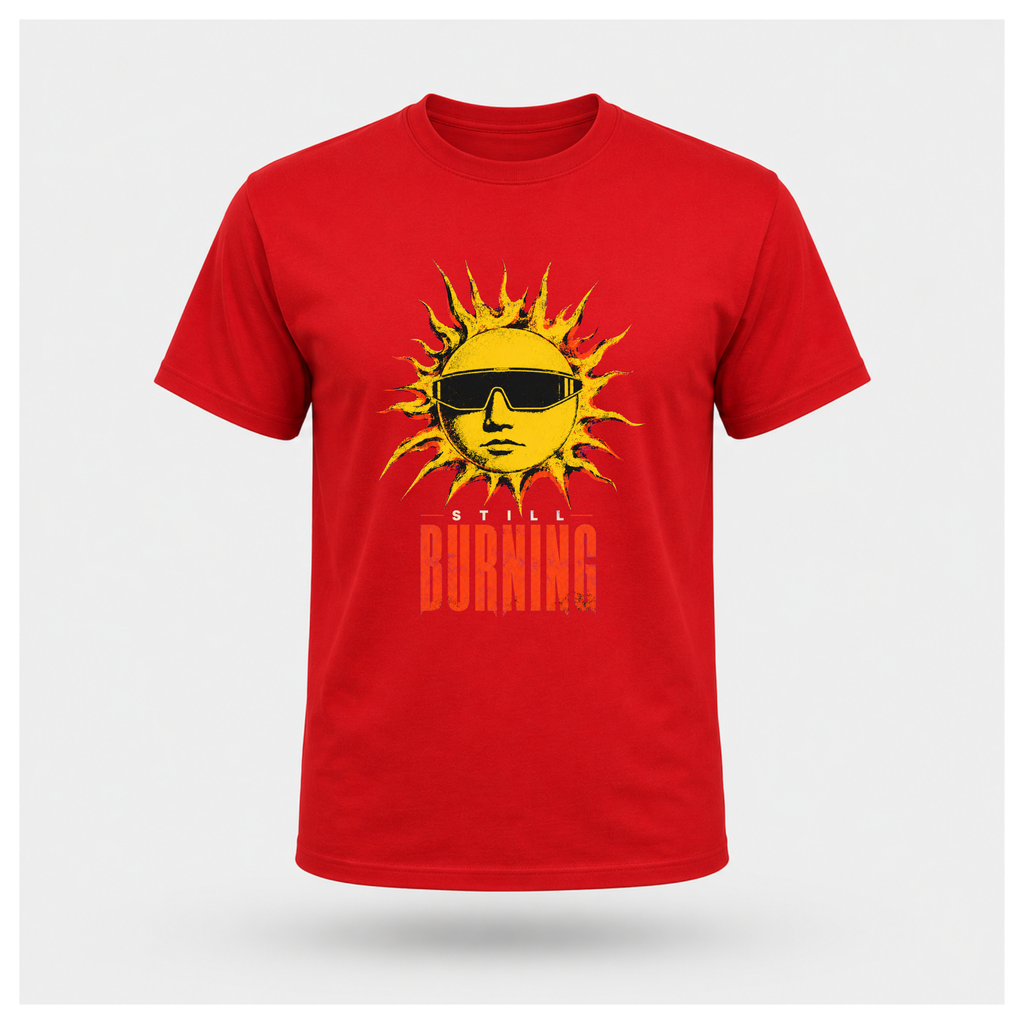 Red floating male form showing the front of the Red Still Burning Street Code T-shirt with the Street Code artwork on the front, by RIOTTEES.
